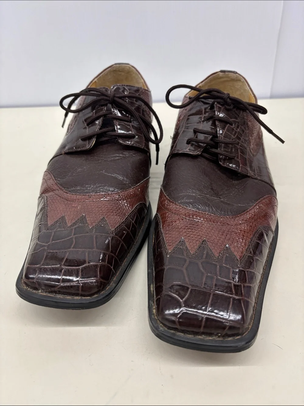 Roberto Chillini Men's Two-Tone Brown Croc-Embossed Leather Lace-Up Oxfords